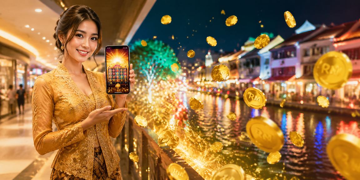 Pemain wanita berbaju kebaya memainkan slot di Melaka sambil tersenyum